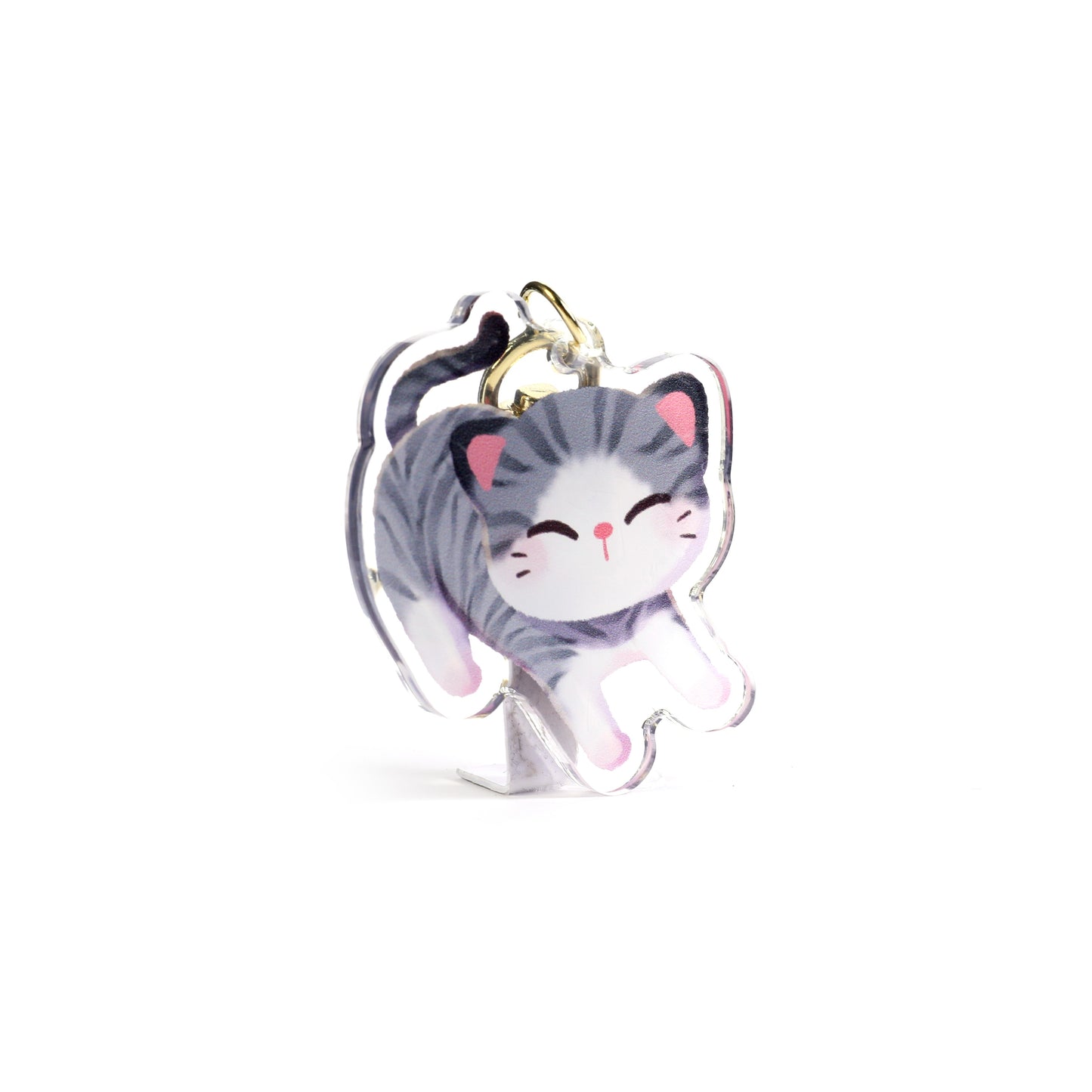 Gray White Tabby Cat Clear Acrylic Keychain