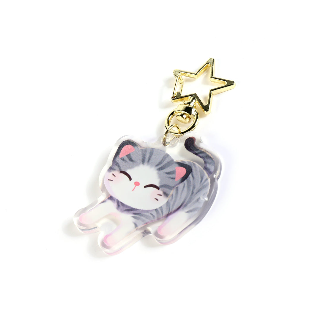 Gray White Tabby Cat Clear Acrylic Keychain