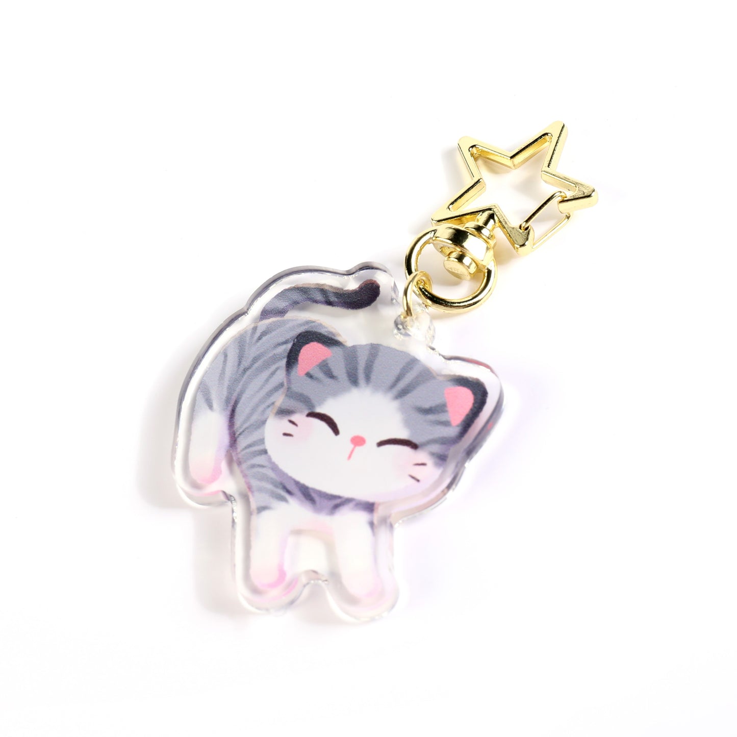 Gray White Tabby Cat Clear Acrylic Keychain